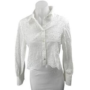 Zara White Embroidered Eyelet Long Sleeve Collar Button Up Crop Blouse Shirt S